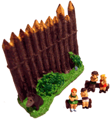 Vier Sch�ler auf ihren B�nken und Palisade