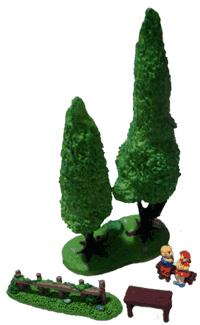 Zwei Sch�ler, ein Pult, zwei B�ume und ein Zaun